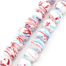 40 Round Glass Beads, white, blue, red marbeling, marble pattern, 10mm  bgl0685
