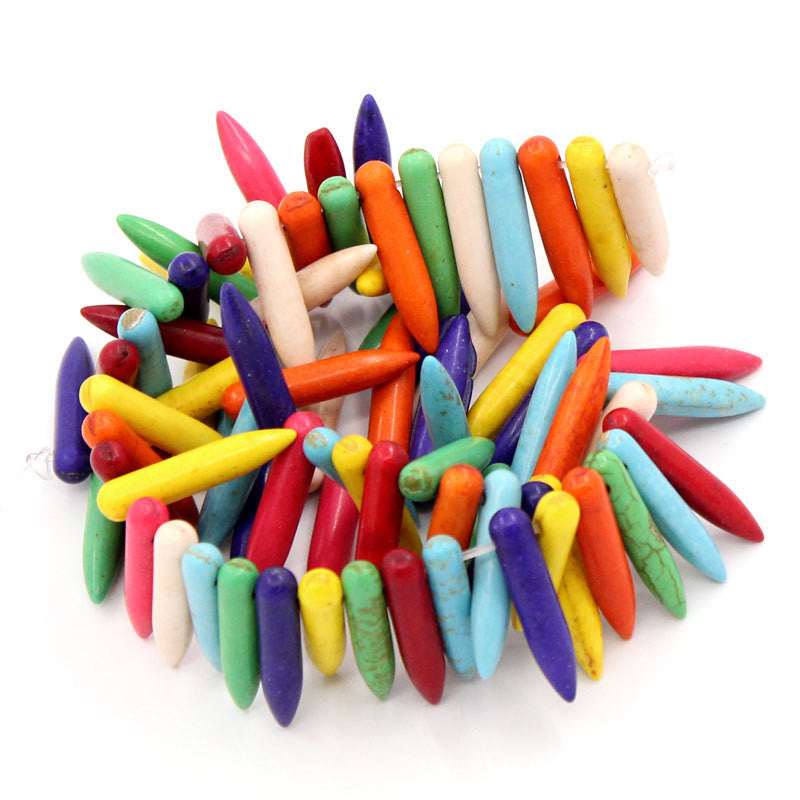 1 strand Dyed Howlite Spike Beads, 1 inch long . mixed rainbow colors how0263