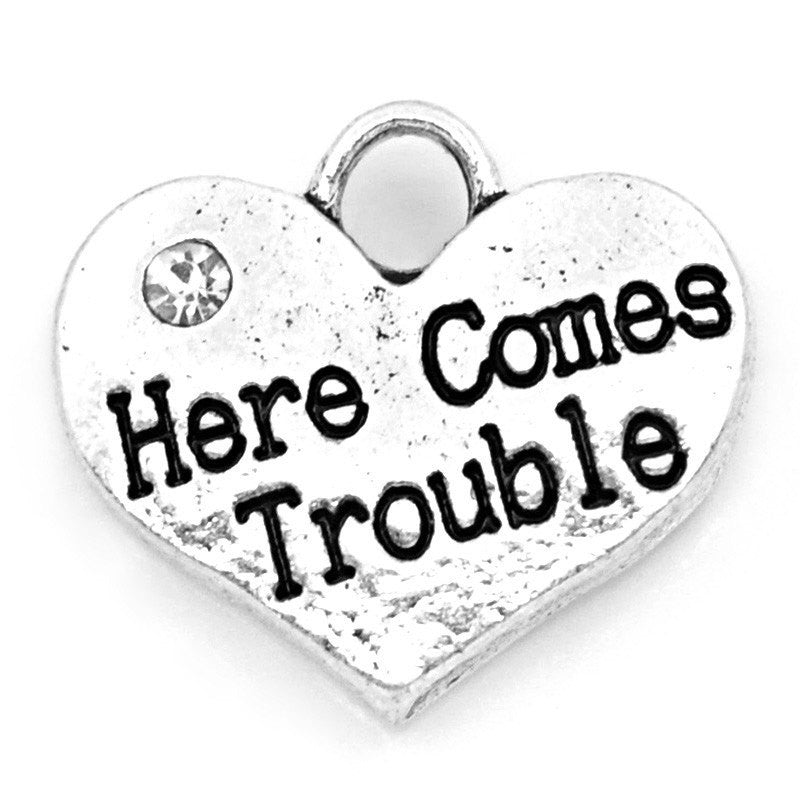 20 bulk Silver Tone Rhinestone " HERE COMES Trouble " Heart Charm Pendants 16x14mm (5/8"x1/2"). Chs0872b