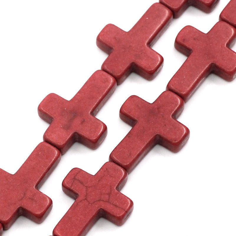 Howlite Stone Cross Beads . RED . Sideways Cross 30mm x 22mm how0047