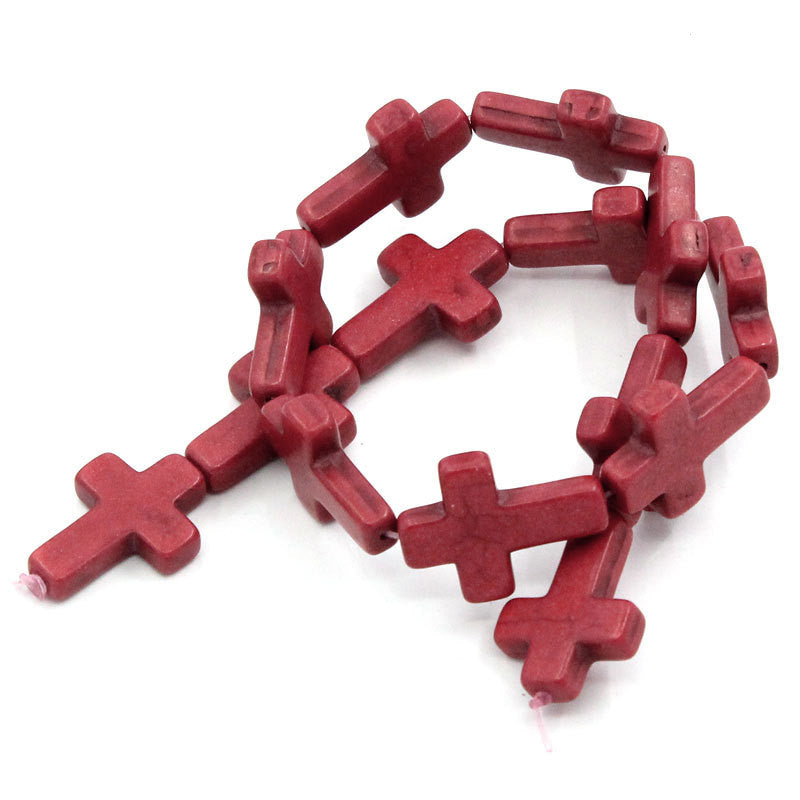 Howlite Stone Cross Beads . RED . Sideways Cross 30mm x 22mm how0047