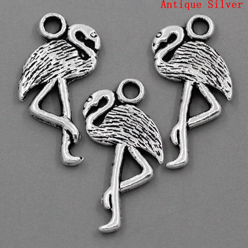 10 Silver Pewter FLAMINGO CRANE Bird Charm Pendants . chs0708