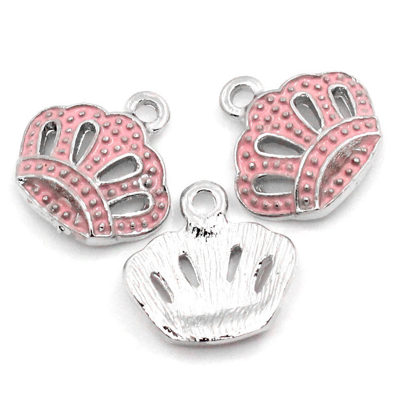 10 Silver Pewter Pink Enamel PRINCESS CROWN  Charm Pendants. Che0042