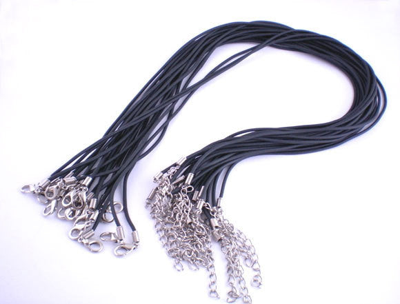 20 JET BLACK Rubber Necklace Cords with Lobster Clasp . 17" long with 2" extender chain  fch0064