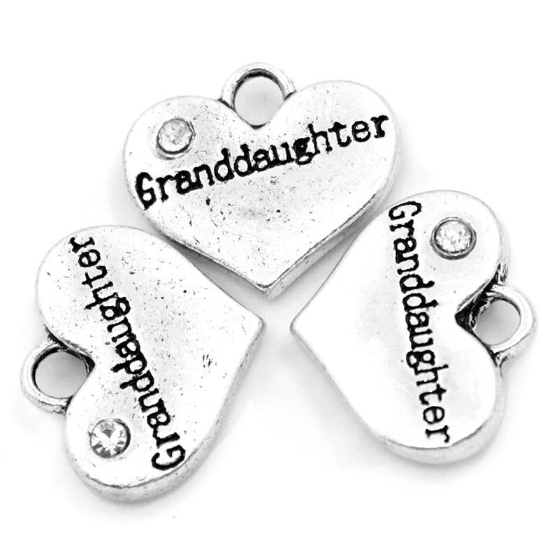 1 Silver Tone Rhinestone " Granddaughter " Heart Charm Pendant 16x14mm (5/8"x1/2")  chs0994a