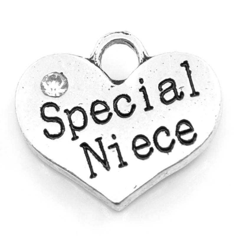 1 Silver Tone Rhinestone " Special Niece " Heart Charm Pendant 16x14mm chs0047