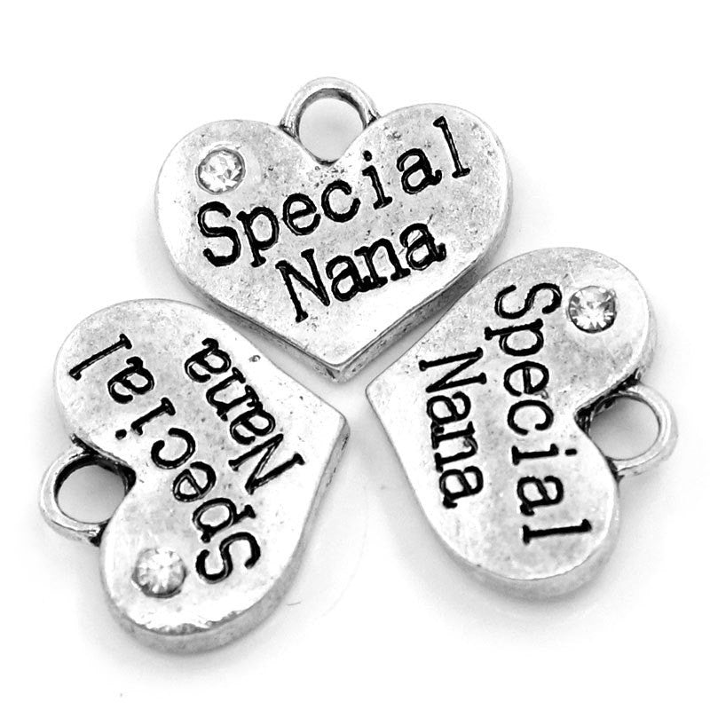 1 Silver Tone Rhinestone " Special Nana " Heart Charm Pendants 16x14mm (5/8"x1/2"). Chs0869