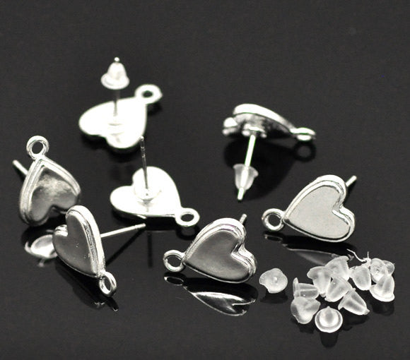 10 Silver Plated HEART POST Earrings with Loops . (5 pairs)  fin0324