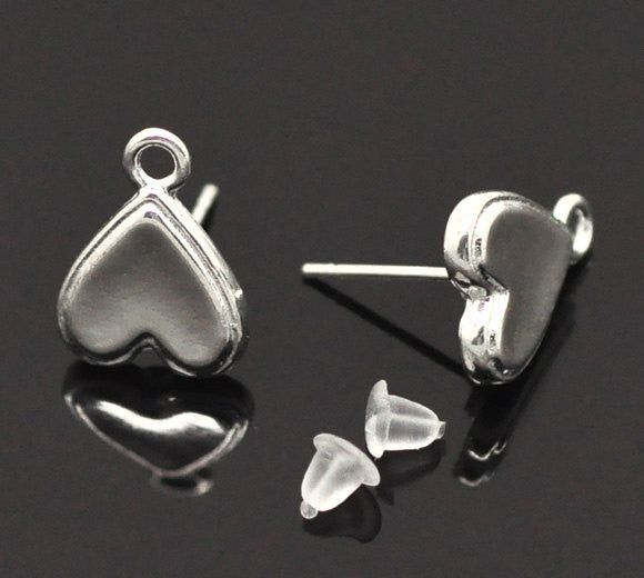 10 Silver Plated HEART POST Earrings with Loops . (5 pairs)  fin0324