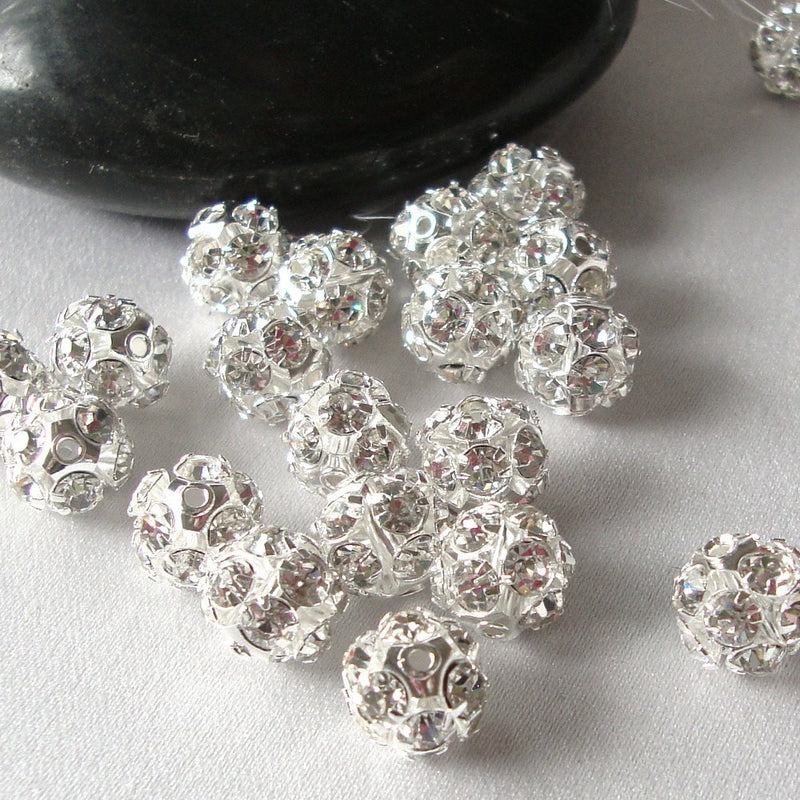 8mm Silver and Crystal Rhinestone Disco Ball Spacer Bead Fireball Beads, bulk pack of 120 beads  bme0015b