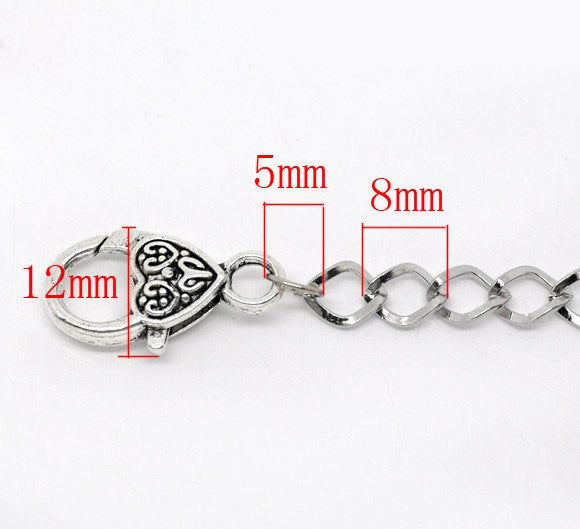 5 pieces Bulk Package Oxidized Silver Tone Metal CURB LINK Charm Bracelets with Heart Lobster Clasp . adjustable fch0035