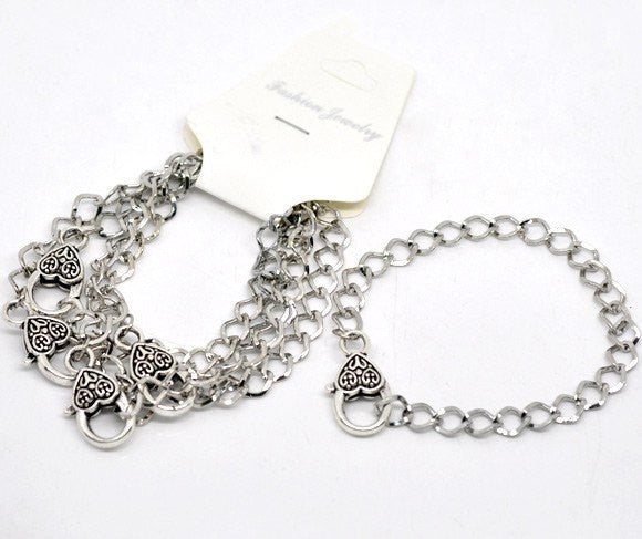 5 pieces Bulk Package Oxidized Silver Tone Metal CURB LINK Charm Bracelets with Heart Lobster Clasp . adjustable fch0035