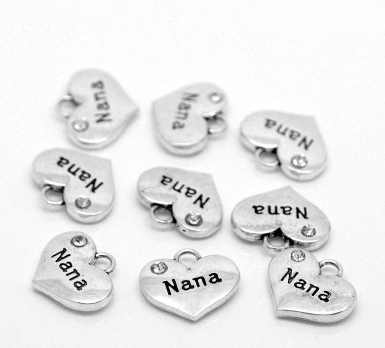 1 Silver Tone Rhinestone " Nana " Heart Charm Pendants 16x14mm (5/8"x1/2"). Chs0862
