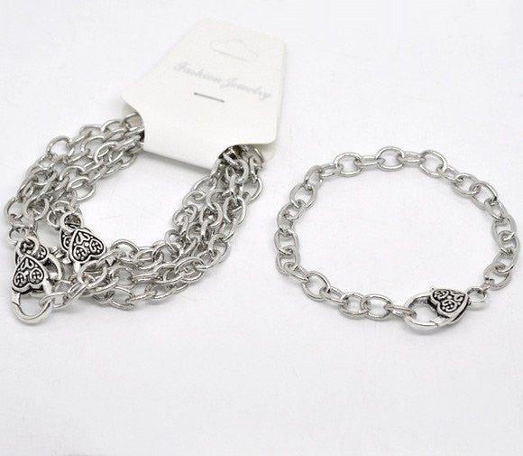 5 pieces Bulk Package Oxidized Silver Tone Metal THICK CHAIN LINK Charm Bracelets with Heart Lobster Clasp . adjustable fch0003