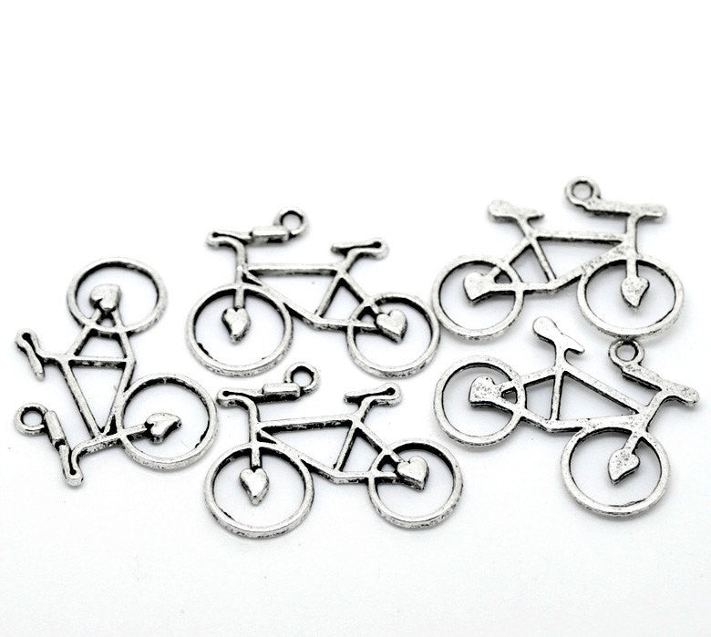 10 Large Antique Silver Tone Metal Pewter BICYCLE Cycling Bike Charm Pendants chs1423