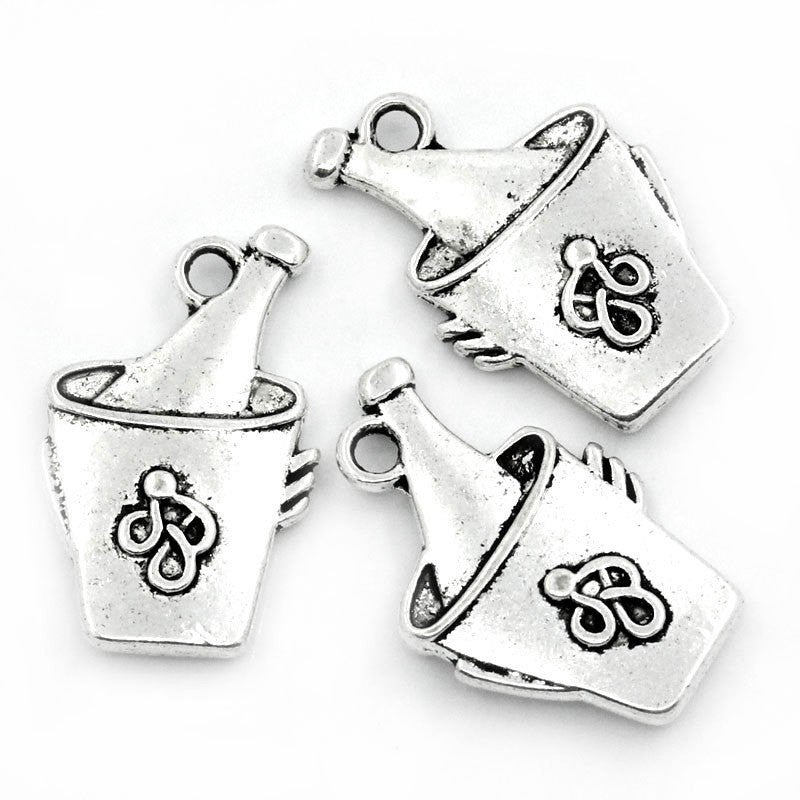 10 Fancy Silver Tone Metal WINE BOTTLE and Ice Bucket . Charm Pendants chs0638