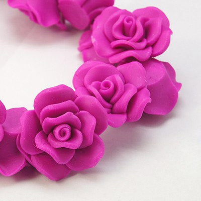 4 Medium HOT PINK Polymer Clay Rose Flower Beads 30mm (about 1.25" x 0.5") pol0021