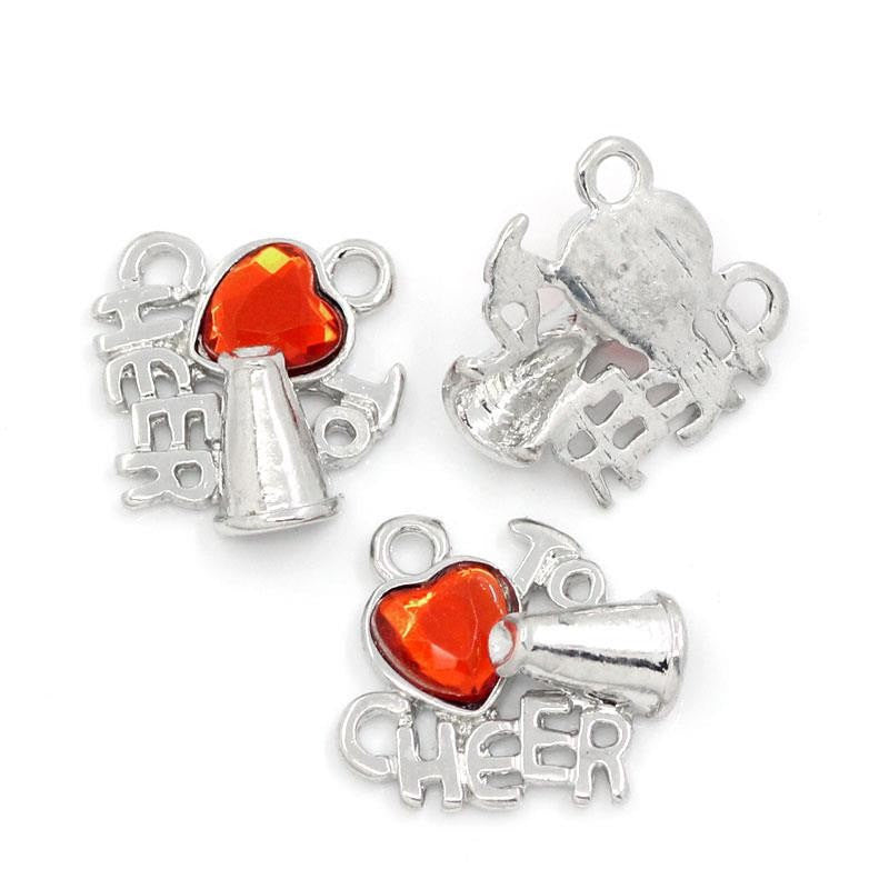 4 Silver Metal and Red Rhinestone LOVE to CHEER Heart Charm Pendants . chs1006