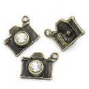 5 Antique Bronze CAMERA Charm Pendants with Clear RHINESTONES. chb0040