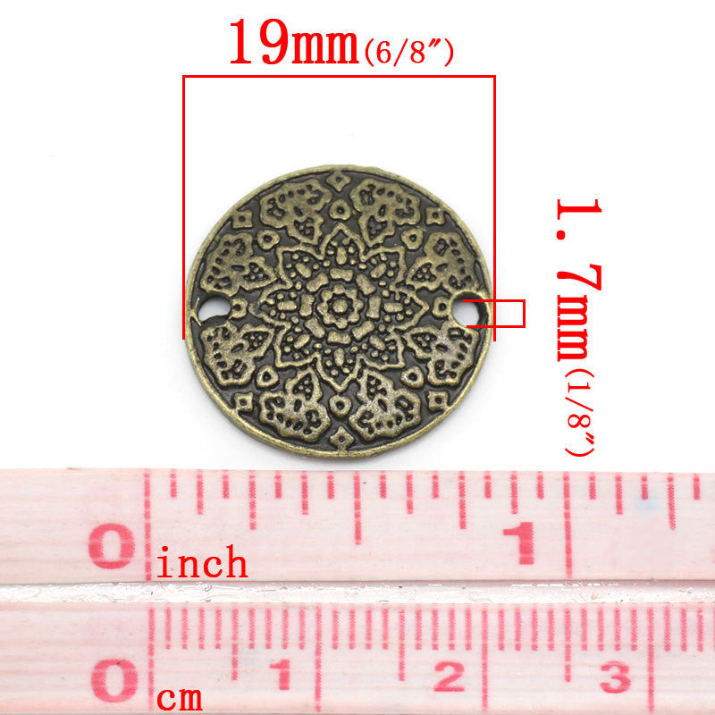 10 Bronze Pewter Metal Round MANDALA  FLOWER Circle 2-hole Connector Charm Beads 19mm . chb0217