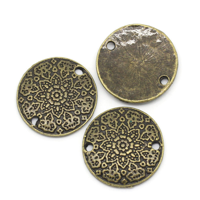 10 Bronze Pewter Metal Round MANDALA  FLOWER Circle 2-hole Connector Charm Beads 19mm . chb0217