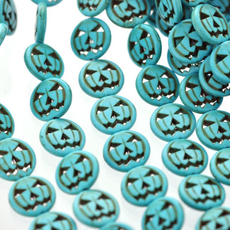 20mm TURQUOISE BLUE Carved Jack O Lantern Beads, carved howlite stone, full strand, about 21 beads, how0548