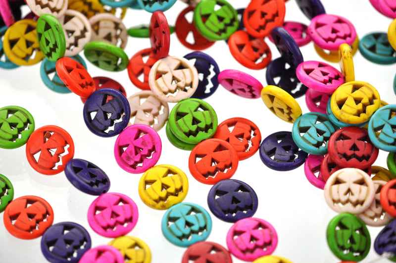 1 Strand Medium MIXED COLORS Carved Jack O Lantern Beads . carved howlite stone 25mm how0312