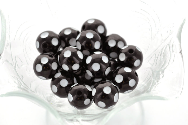 9 Large Solid Acrylic Round BUBBLEGUM Beads . JET BLACK Polka Dots 16mm  bac0072