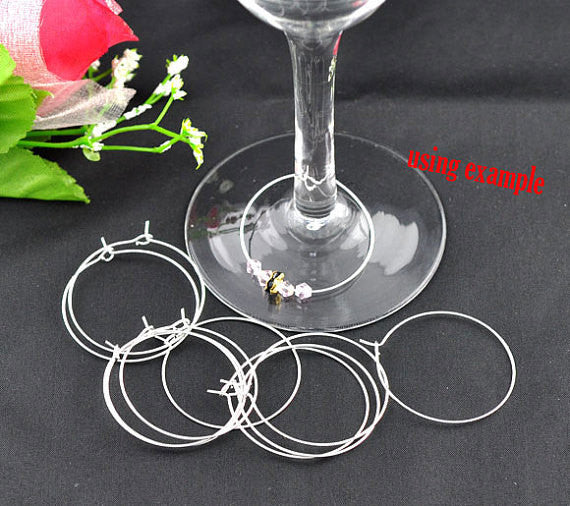 10 LARGE SILVER Plated Wine Glass Charm Rings or Earring Hoops 40x35mm fin0085a