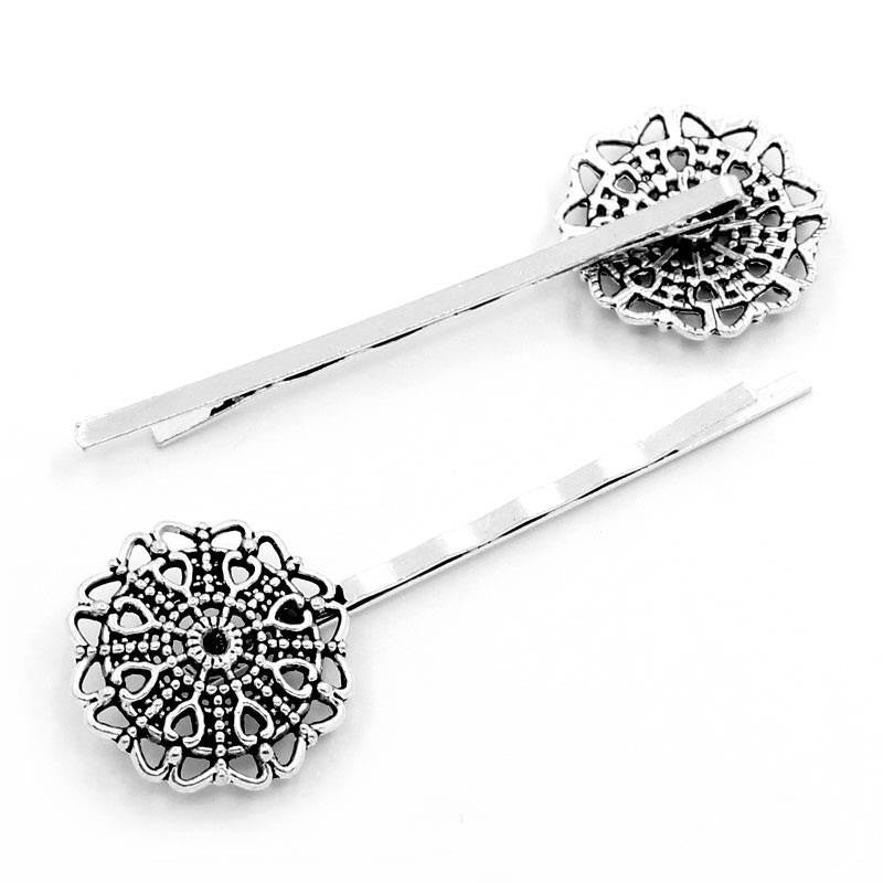 4 Antiqued Silver Tone Filigree Flower Bobby Pins Hair Clips . fin0255