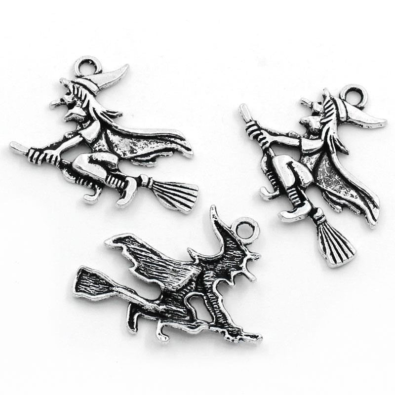 4 Large Antique Tibetan Silver Charm Pendants . FLYING WITCH for Halloween . 37mm x 29mm chs0651