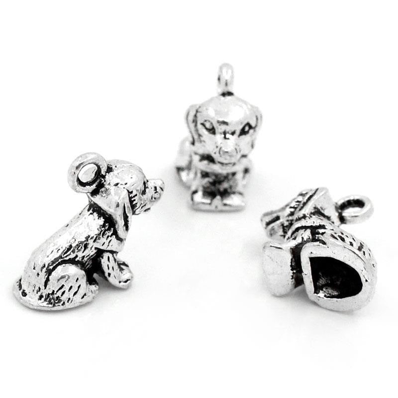 10 Antique Tibetan Silver Tone Metal PUPPY DOG Charm Pendants . 17mm x 14mm . chs0794