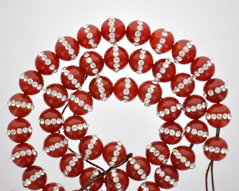 6 Beads . Red Carnelian Agate with Rhinestone Accents . 8mm x 9mm gcr0002