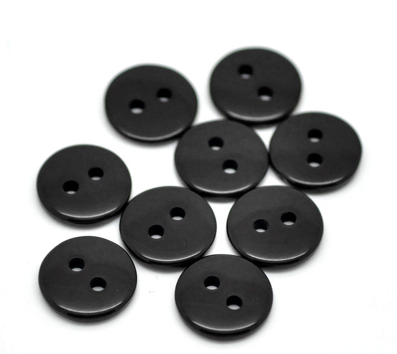 12 ROUND JET BLACK Buttons for Jewelry Making, Scrapbooking, Sewing . 11mm (3/8")  but0091