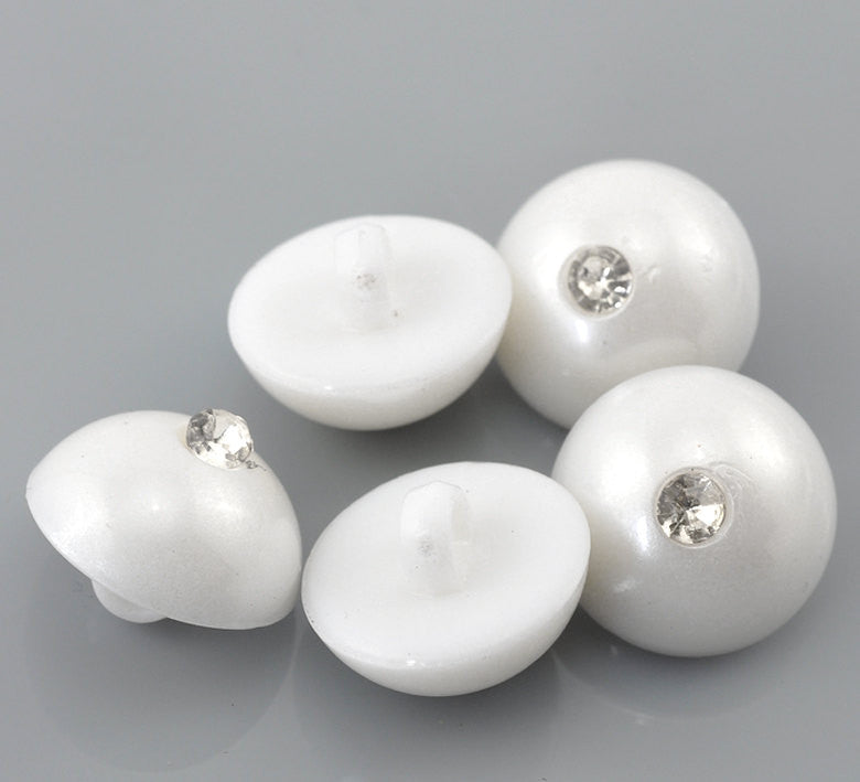 10 WHITE DOME with RHINESTONES Shank Buttons . resin . 17mm (11/16")  but0134