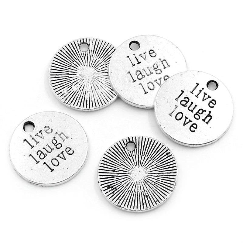 5 pc.  Antique Silver Tone Metal LIVE LAUGH Love Circle Charm Pendants 20mm chs0579