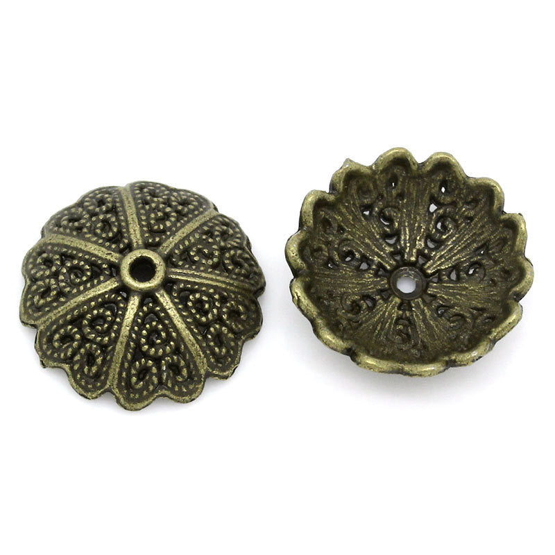 8 Antiqued Bronze Metal FLOWER BEAD CAPS  Fits 18mm - 20mm Beads fin0117a