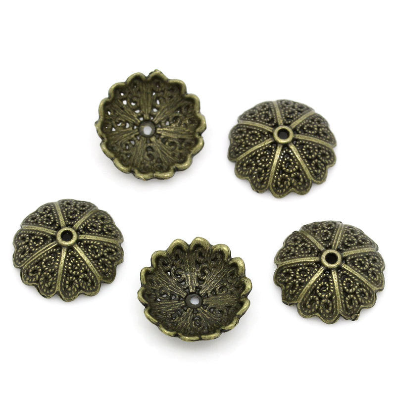 8 Antiqued Bronze Metal FLOWER BEAD CAPS  Fits 18mm - 20mm Beads fin0117a