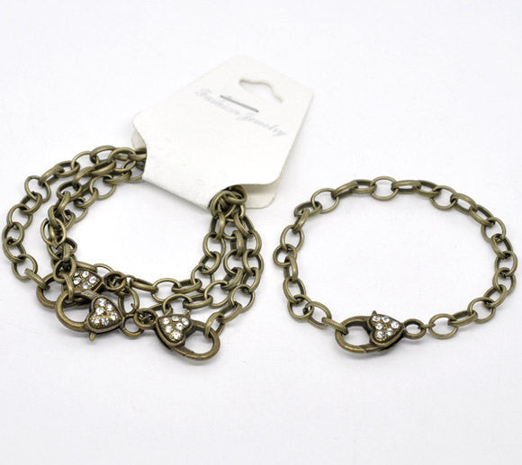 4 Antique Bronze Rhinestone Heart Lobster Clasp Link Chain Bracelets 20cm (7-7/8") FCH0004