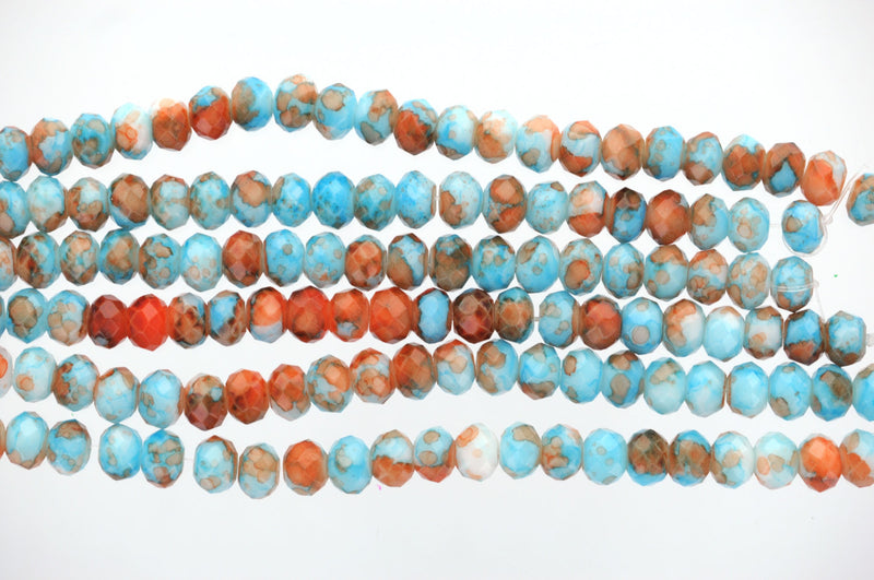 1 Strand 8x6mm Crystal Beads, Rondelle Turquoise BLUE, ORANGE, White MARBLE bgl0027