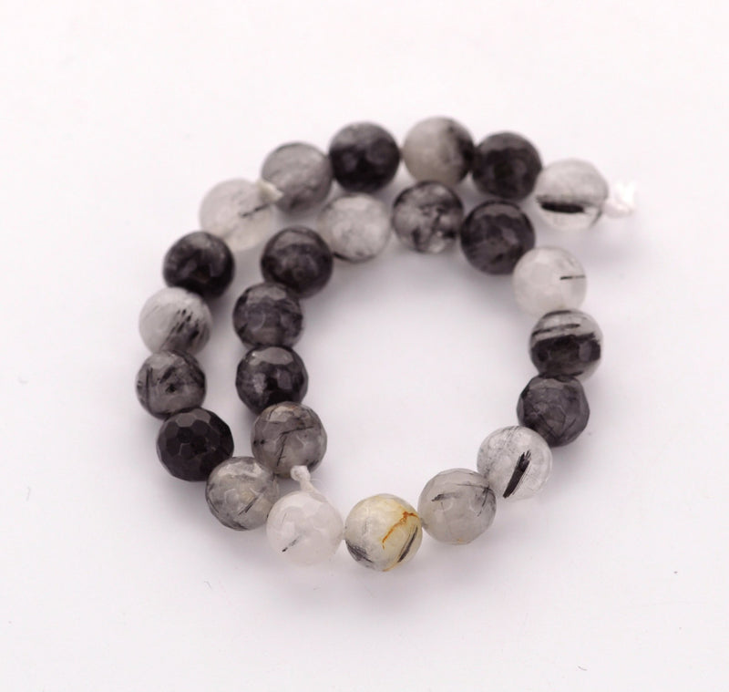 Half Strand Polished Faceted Round TOURMALINATED RUTILATED QUARTZ Beads . black and white . 8mm gqz0025