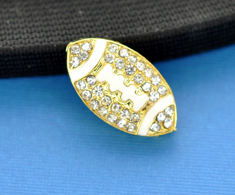 Rhinestone Bright Gold and White Enamel FOOTBALL . Sideways Connector Charm  CHG0019