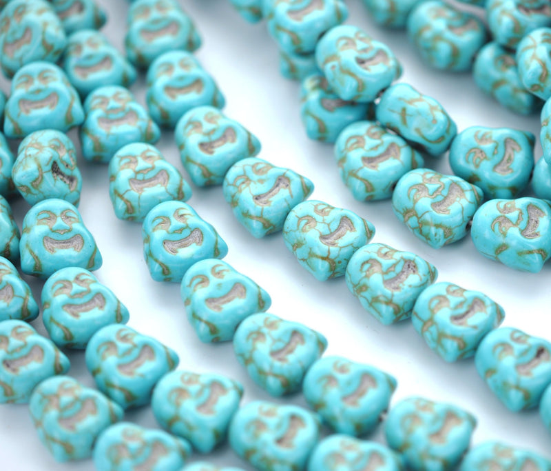 10 SMILING BUDDHA Beads, TURQUOISE Blue, howlite stone  .  15x14mm (5/8"x1/2") how0144