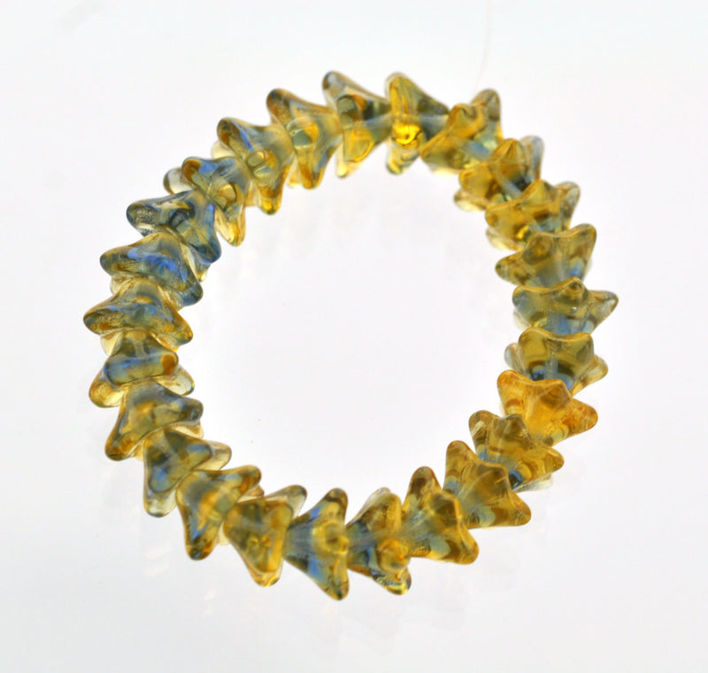 25 YELLOW and BLUE Tulip Flower Fire Polished Czech Glass Beads . 9x6mm . bgl0814