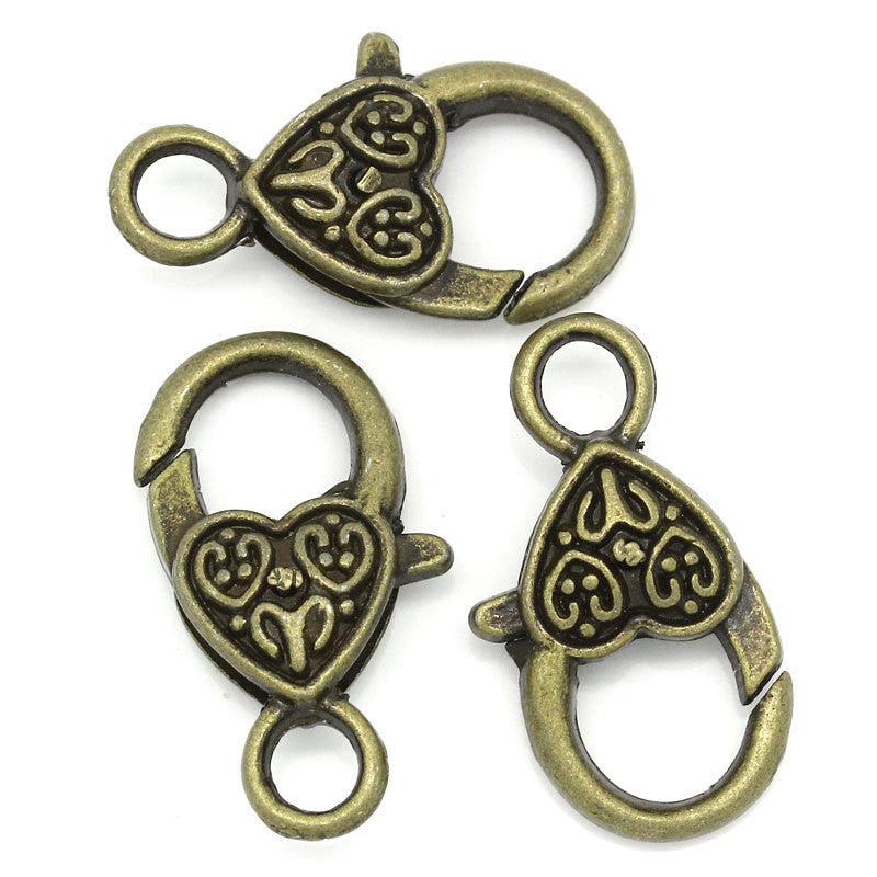 5 Large Antique Bronze Fancy HEART LOBSTER Clasps .  Heart Design fcl0040a