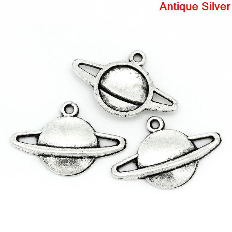 12 PLANET SATURN Antique Silver Tone Metal Charm Pendants chs0056