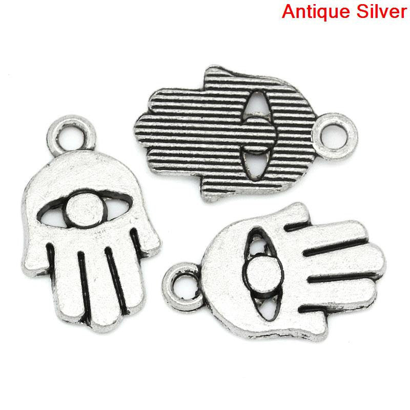 10 HAMSA HAND Evil Eye Antique Silver Tone Charm Pendants . chs0310