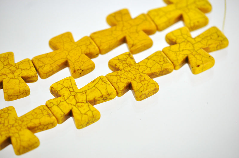 2 Large Howlite Stone Beads YELLOW Maltese CROSS  36x30mm  how0315a