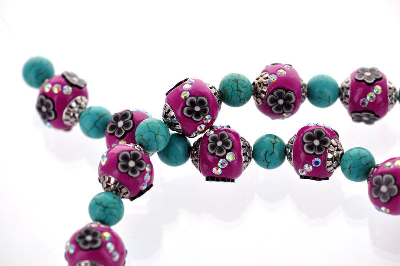 Unique Magenta, Black, Turquoise Indonesian Clay Beads, Crystal Rhinestones and Bali Accents  15mm  pol0091