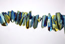 12 Beads, Titanium Coated Crystal Quartz Tusk or Point Beads . genuine gemstones, rainbow metallic surface, blue and gold gqz0036